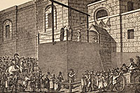 Outside the debtor’s door of Newgate Prison in London, opposite the Old Bailey, the hangman plies his trade with another client.