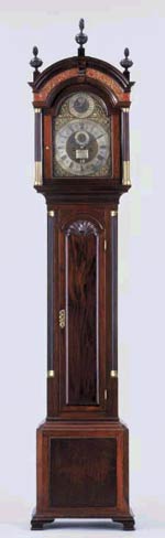 This mahogany tall clock in the Colonial Williamsburg collections was made in Rhode Island by William Claggett about 1745