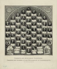 A poster of portraits and autographs of signers was produced for the centennial of the Declaration and of independence. John Hancock’s “John Hancock” had dwindled in size by then.