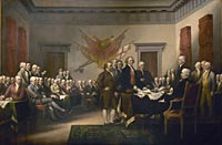 “Congress at the Independence Hall, Philadelphia, July 4, 1776.” Trumbull painted a scene that never took place in The Declaration of Independence, and he omitted mention of any date.