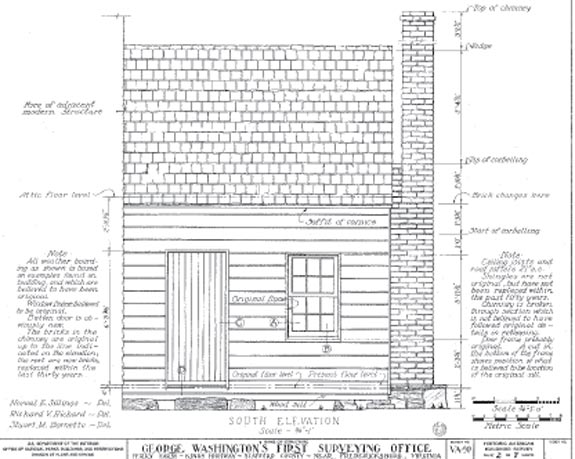 Washington's surveying office in Stafford County, Virginia, as drawn by the Historic American Building Survey.