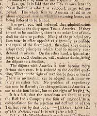 “The Boston Evening Post” addresses the taxation of tea in America, April 25, 1774. Printed by Thomas and John Fleet.