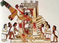 An Aztec priest sacrifices a human heart to the gods for their continued protection.