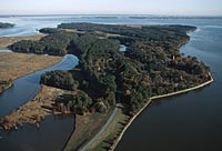 An aerial view of Jamestown Island today.