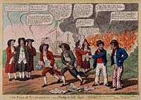 A British print mocks James Madison during the War of 1812. He had, ineffectively, assumed control of artillery before Washington fell.