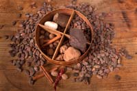 Cacao seeds, cinammon, peppers, cloves, almonds, aniseed, and orange flower water were the first English ingredients in chocolate.