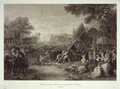 John McRae’s engraving, after Frederick Chapman’s 1776 painting, of the raising of a liberty pole in a village center.