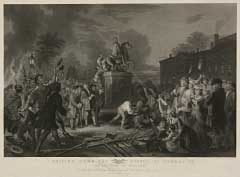 Johannes Oertel’s painting, engraved here by John McRae, of the pulling down of the George III statue at the Bowling Green, City of New York, July 1776.