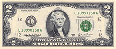 The fronts of a $2 bill.