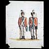 This detailed watercolor drawing depicts a private soldier in the Light Infantry Company of the British army's 23rd Regiment. Lieutenant Richard Williams painted the fifteen-inch scene in the early 1770s. Williams came to the regiment at Boston in June 1775, just before the Battle of Bunker Hill. His illustration includes front and rear views of the light infantry company's uniform. The elite soldiers of this unit were less heavily equipped than their peers and became famous for their speed and mobility in the North American terrain. Williams detailed elements of their distinctive gear like the plumed leather helmet, half-gaiters-or short leggings-and blue detachable foul weather cape. Few illustrations of common soldiers of the Revolutionary War period survive. Williams' description of the uniform on the reverse magnifies the significance of this painting.
