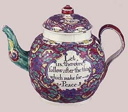 teapot inscribed "Let us therefore follow after the things which make for peace," CWF acc. no. 1995-27